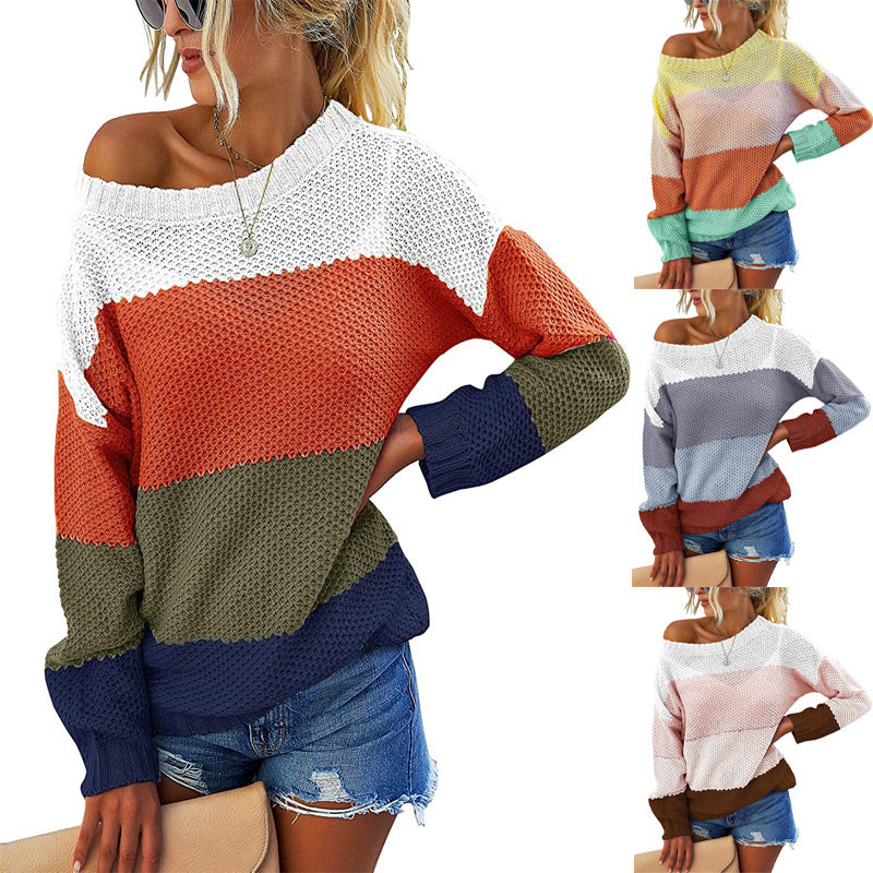 Damen Schulterfreier Blockstreifen-Strickpullover mit Waffelstruktur und Oversize-Schnitt Echo Archiv