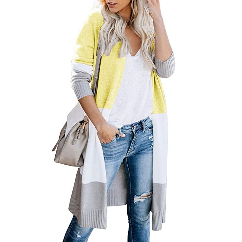 Damen Longline-Cardigan mit Colorblock, geripptem Saum und offener Front Echo Archiv