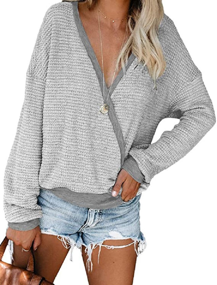 Damen Lockerer Waffelstrick-Pullover mit tiefem V-Ausschnitt und Lagen‑Look Echo Archiv