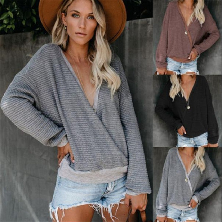 Damen Lockerer Waffelstrick-Pullover mit tiefem V-Ausschnitt und Lagen‑Look Echo Archiv
