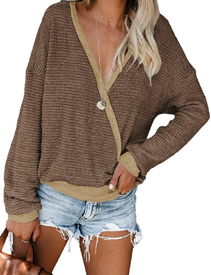 Damen Lockerer Waffelstrick-Pullover mit tiefem V-Ausschnitt und Lagen‑Look Echo Archiv
