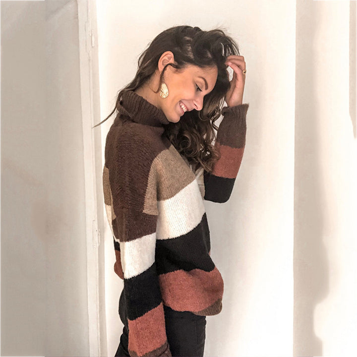 Damen Oversize-Blockstreifen-Rollkragenpullover aus fluffigem Strick Echo Archiv
