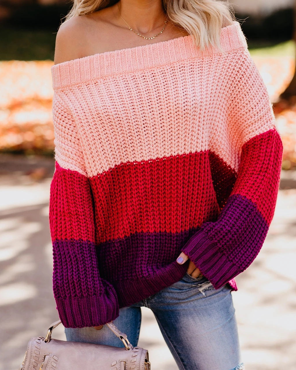 Damen Schulterfreier Oversize Blockstreifen Strickpullover Echo Archiv