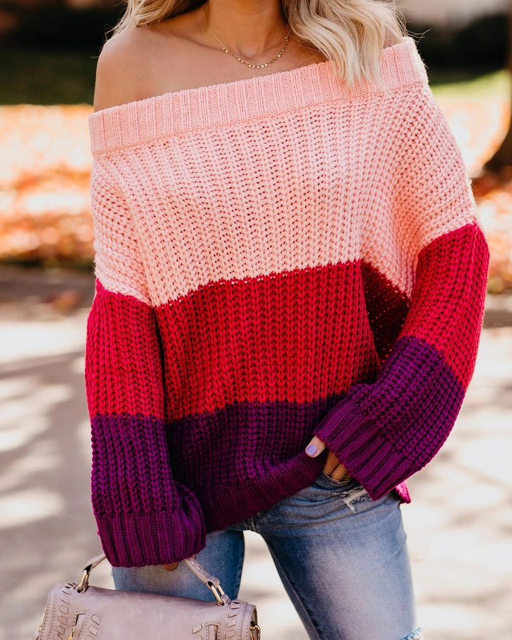Damen Schulterfreier Oversize Blockstreifen Strickpullover Echo Archiv
