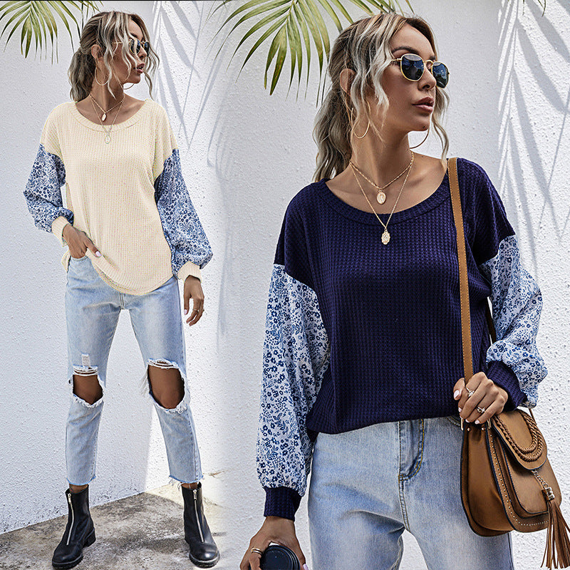 Damen Leichter Waffelstrick-Pullover mit floral gemusterten Balloonärmeln Echoarchiv