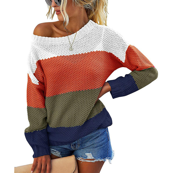 Damen Schulterfreier Blockstreifen-Strickpullover mit Waffelstruktur und Oversize-Schnitt Echo Archiv