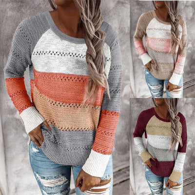 Damen Lässiger Strickpullover mit Ajour‑Muster, Colourblock‑Einsätzen und lockerer Passform Echoarchiv