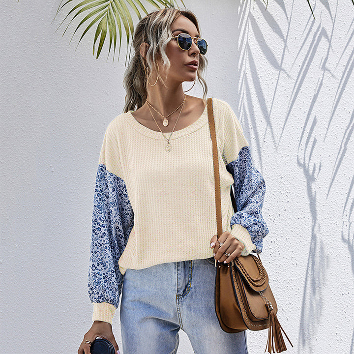 Damen Leichter Waffelstrick-Pullover mit floral gemusterten Balloonärmeln Echoarchiv