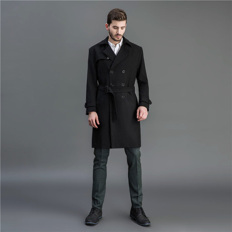 Herren Maxilanger Woll-Mantel im Trench-Look mit doppelreihiger Knopfleiste und Bindegürtel Echoarchiv