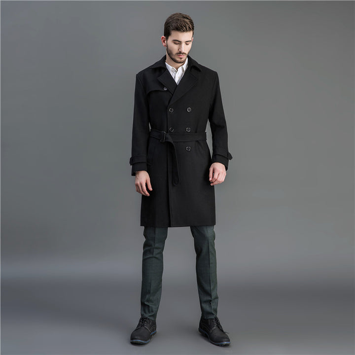 Herren Maxilanger Woll-Mantel im Trench-Look mit doppelreihiger Knopfleiste und Bindegürtel Echoarchiv