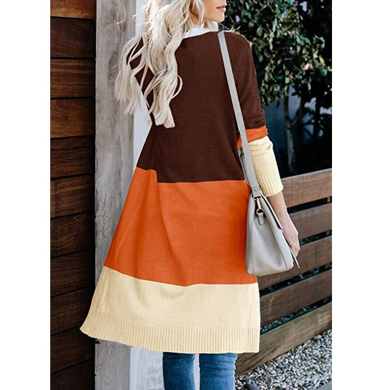 Damen Longline-Cardigan mit Colorblock, geripptem Saum und offener Front Echo Archiv