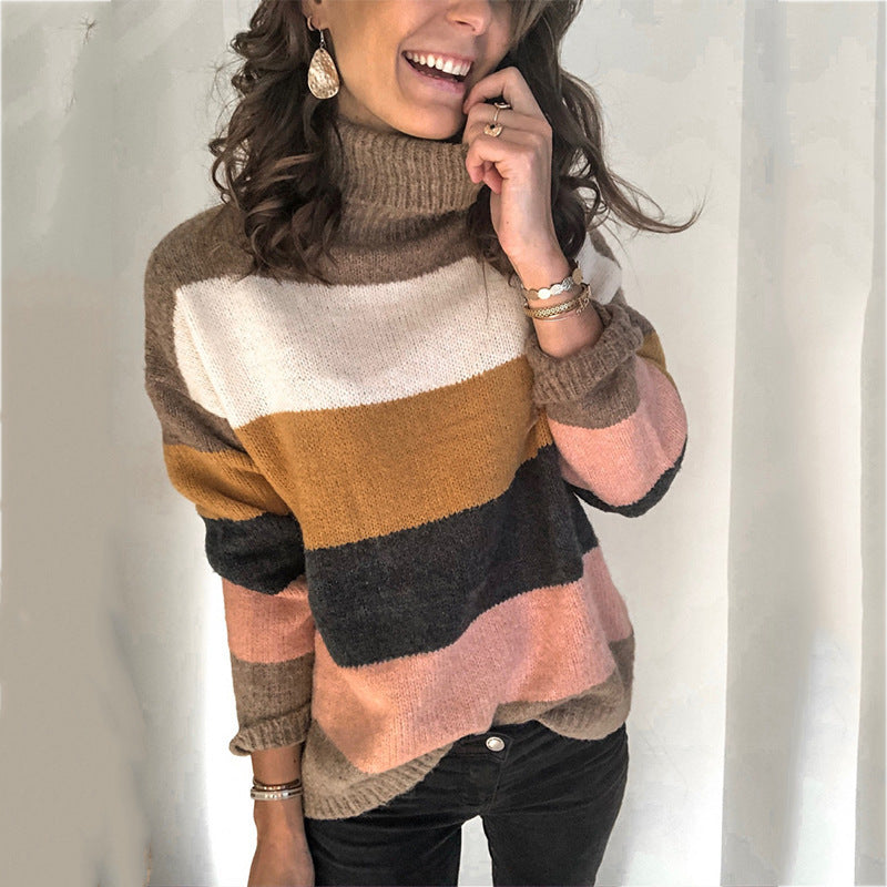 Damen Oversize-Blockstreifen-Rollkragenpullover aus fluffigem Strick Echo Archiv