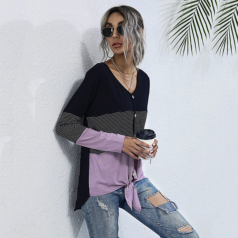 Damen Leichtes Colorblock-Longsleeve mit Knopfleiste & Knotenfront Echoarchiv