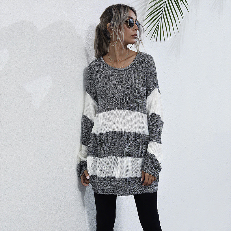 Damen Langer Oversize-Strickpullover mit breiten Blockstreifen und überschnittener Schulter Echoarchiv