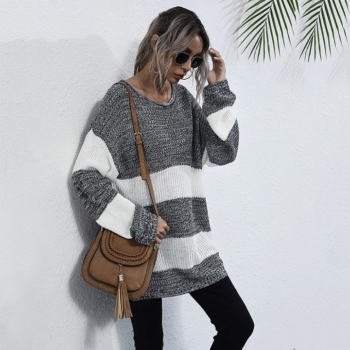 Damen Oversize Longpullover mit Blockstreifen und Rundhalsausschnitt Echoarchiv