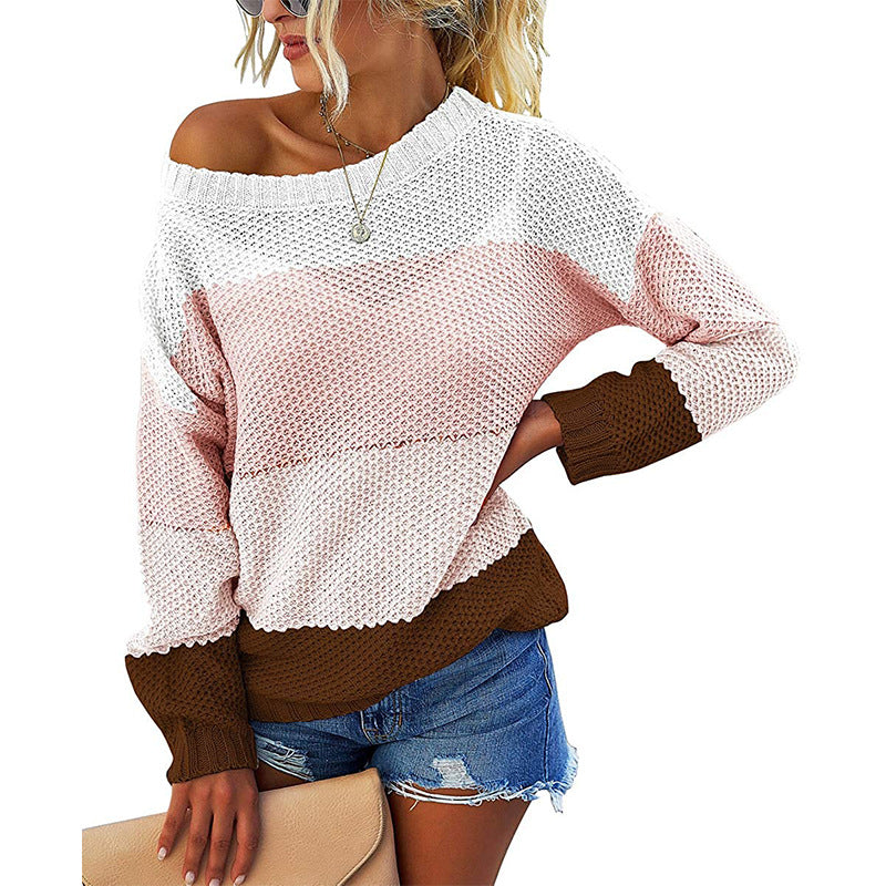 Damen Schulterfreier Blockstreifen-Strickpullover mit Waffelstruktur und Oversize-Schnitt Echo Archiv