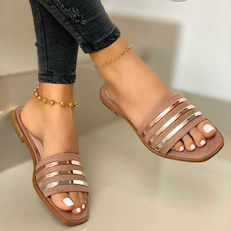 Damen nan flache Schlupfsandalette mit mehrreihigen Metallicstreifen und gepolstertem Komfortfußbett Echo Archiv