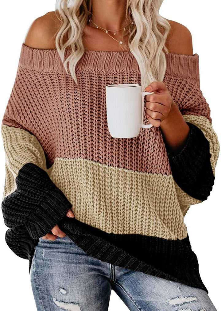 Damen Schulterfreier Oversize Blockstreifen Strickpullover Echo Archiv