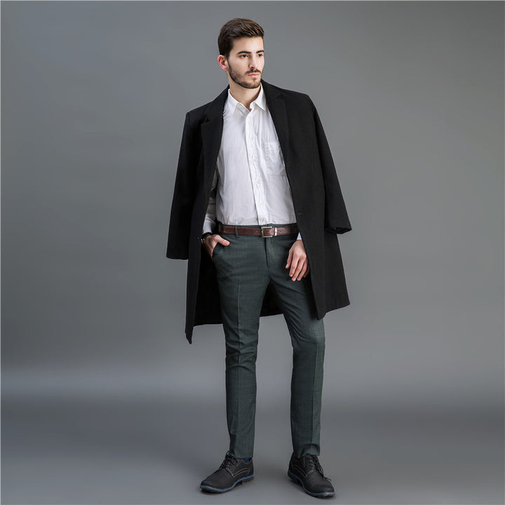 Herren Eleganter langer Wollmix-Mantel mit Schalkragen und geradem Schnitt Echoarchiv