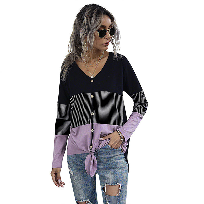 Damen Leichtes Colorblock-Longsleeve mit Knopfleiste & Knotenfront Echoarchiv