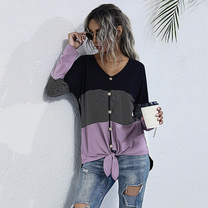 Damen Leichtes Colorblock-Longsleeve mit Knopfleiste & Knotenfront Echoarchiv