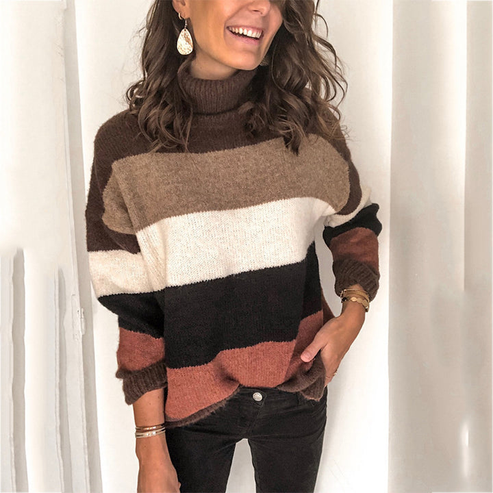 Damen Oversize-Blockstreifen-Rollkragenpullover aus fluffigem Strick Echo Archiv