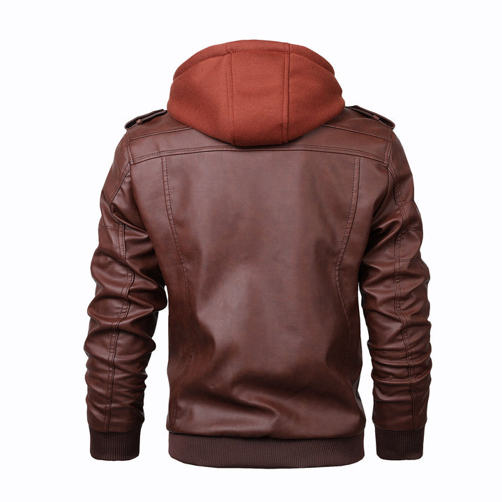 Herren lässige Lederjacke mit abnehmbarer Kapuze und praktischen Taschen Echoarchiv
