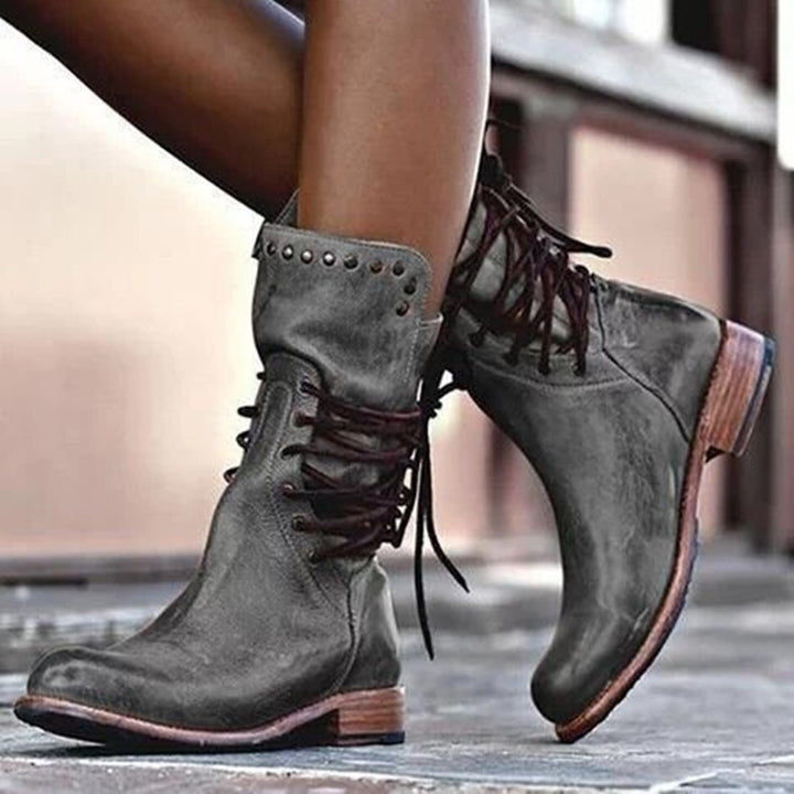 Damen nan robuste Worker-Boots mit dekorativer Wickelschnürung, Metallösen und profilierter Gummilaufsohle Echo Archiv
