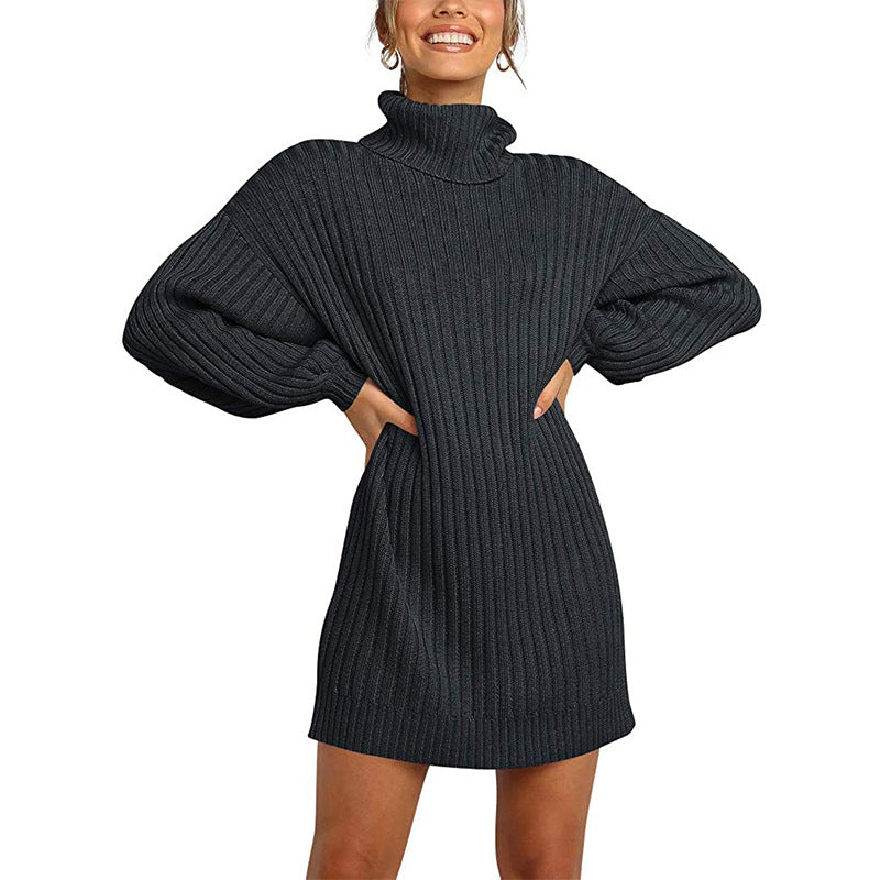 Damen Geripptes Rollkragen-Minikleid mit Oversize-Silhouette und Ballonärmeln Echo Archiv