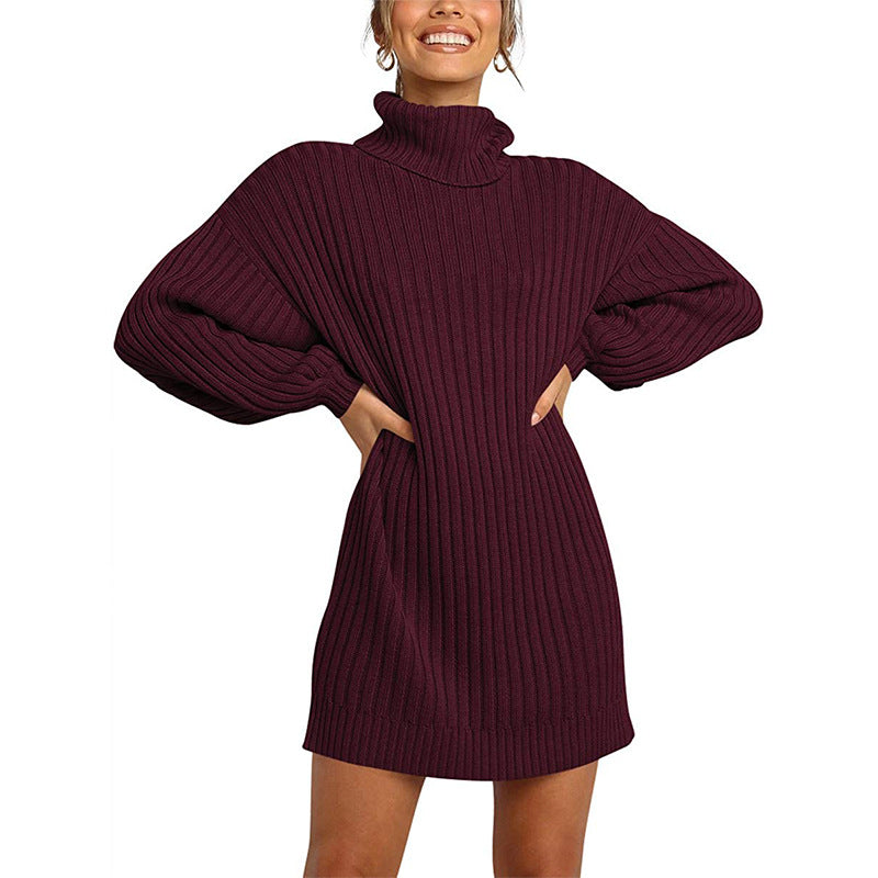 Damen Geripptes Rollkragen-Minikleid mit Oversize-Silhouette und Ballonärmeln Echo Archiv