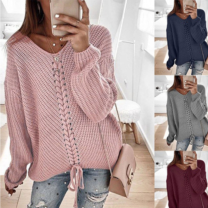 Damen Oversize Strickpullover mit V-Ausschnitt, Zopfstrick und Schnürung Echo Archiv