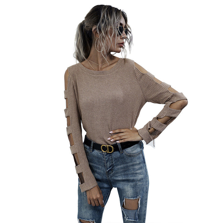 Damen gerippter Strickpullover mit Cut-Out-Ärmeln und Schulter-Ausschnitten Echoarchiv