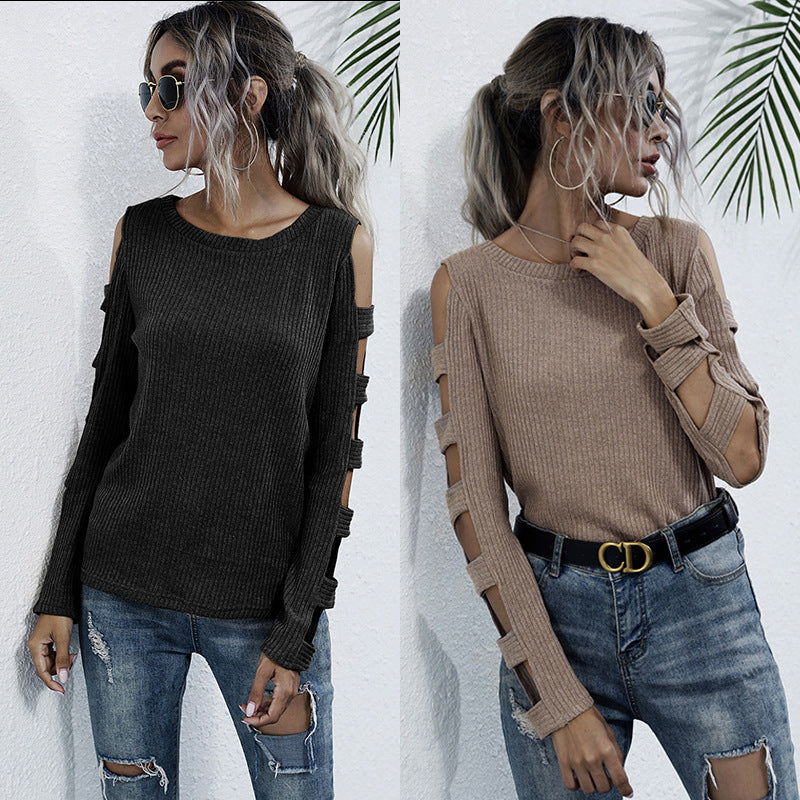 Damen Rippenstrick-Longsleeve mit Cut-Out-Ärmeln und Schulteröffnungen Echoarchiv
