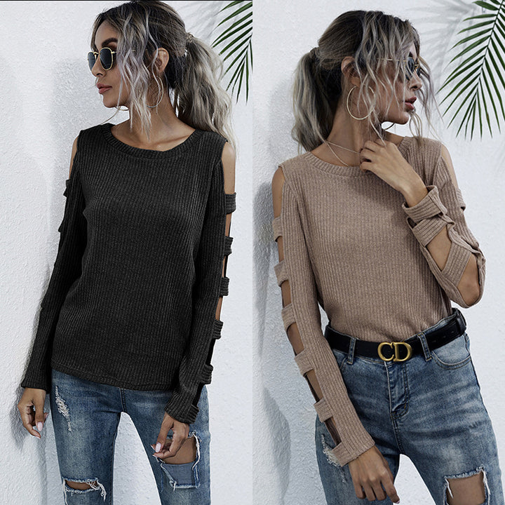 Damen Rippenstrick-Longsleeve mit Cut-Out-Ärmeln und Schulteröffnungen Echoarchiv