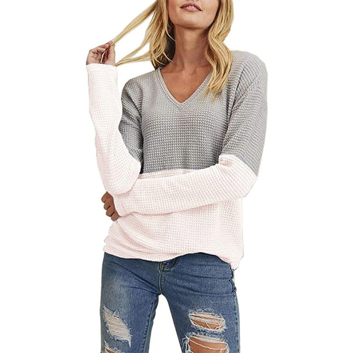 Damen Waffelstrick-Pullover mit V-Ausschnitt und Colorblock-Design Echo Archiv