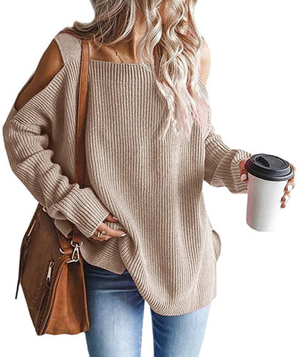 Damen Oversize Strickpullover mit Cut-Out-Schulter, geripptem Feinstrick und weitem U-Boot-Ausschnitt Echo Archiv