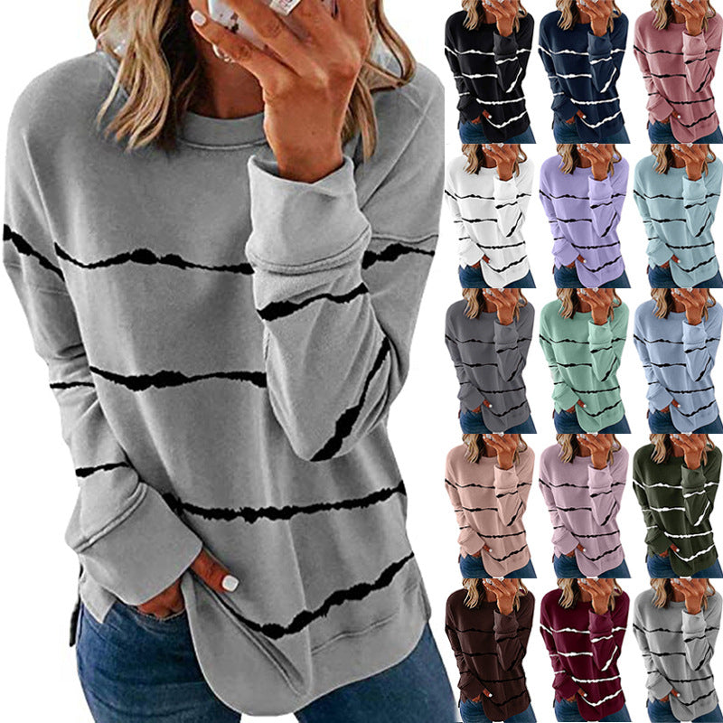 Damen nan lässiges Oversize-Sweatshirt mit wellenförmigem Streifenmuster Rundhals Seitenschlitzen und gerundetem Saum Echo Archiv