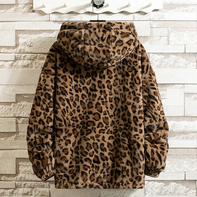 Damen kuschelige Fleecejacke mit Leopardenmuster und Kapuze Echoarchiv