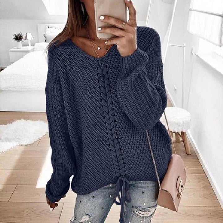 Damen Oversize Strickpullover mit V-Ausschnitt, Zopfstrick und Schnürung Echo Archiv