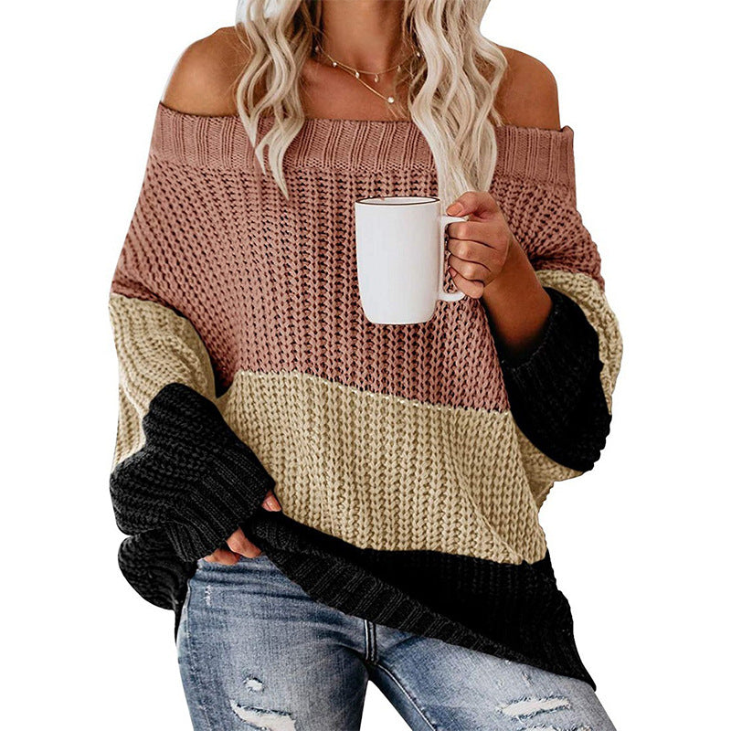 Damen Schulterfreier Oversize Blockstreifen Strickpullover Echo Archiv