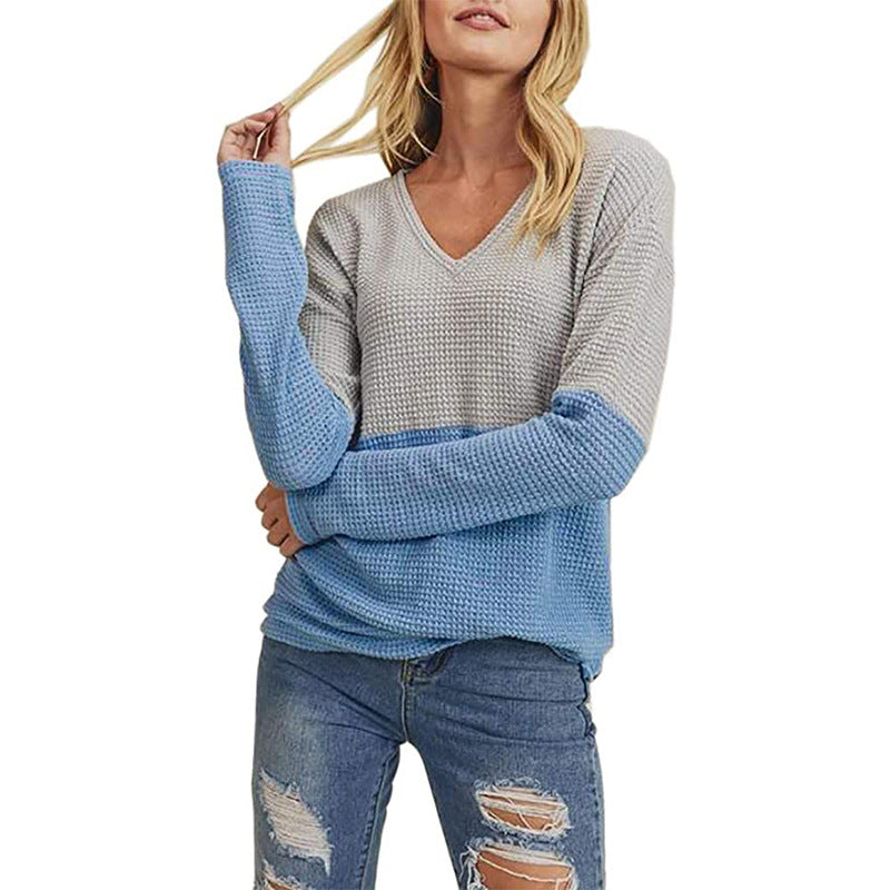 Damen Waffelstrick-Pullover mit V-Ausschnitt und Colorblock-Design Echo Archiv