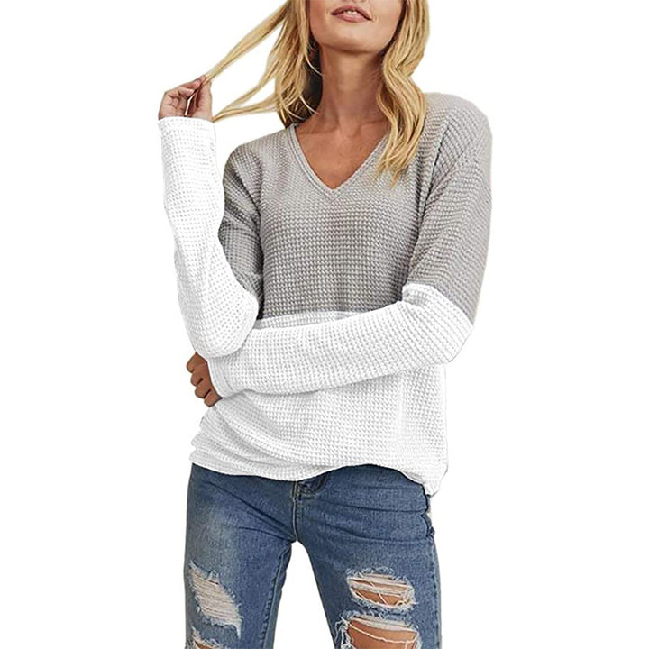 Damen Waffelstrick-Pullover mit V-Ausschnitt und Colorblock-Design Echo Archiv