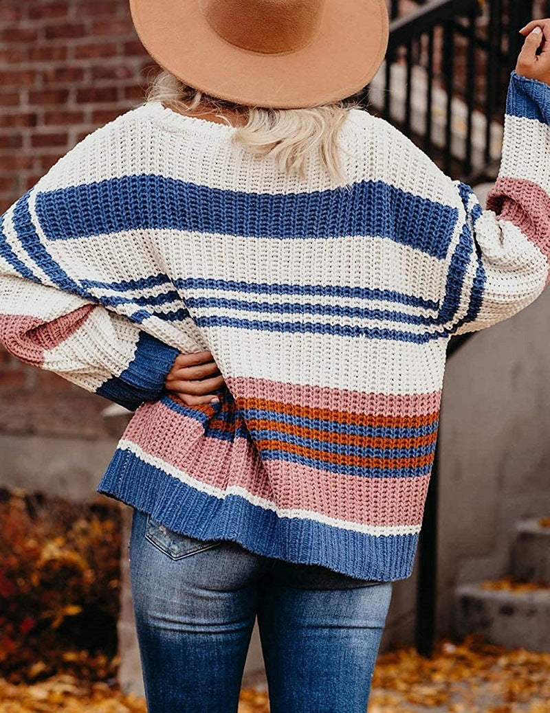 Damen Oversize Waffelstrick-Pullover mit Blockstreifen und überschnittenen Schultern Echo Archiv