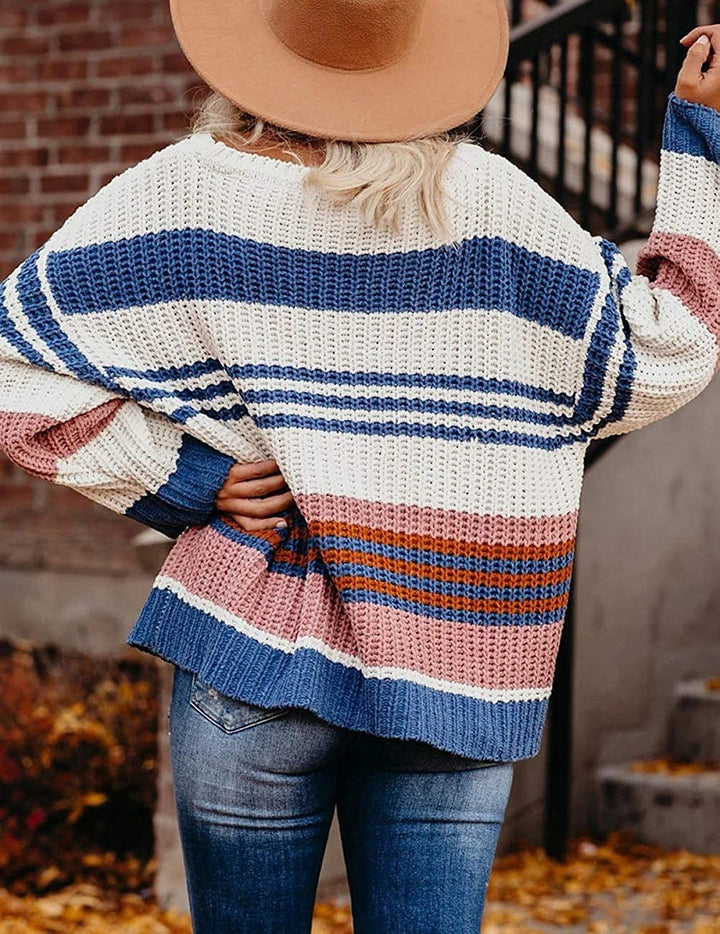 Damen Oversize Waffelstrick-Pullover mit Blockstreifen und überschnittenen Schultern Echo Archiv