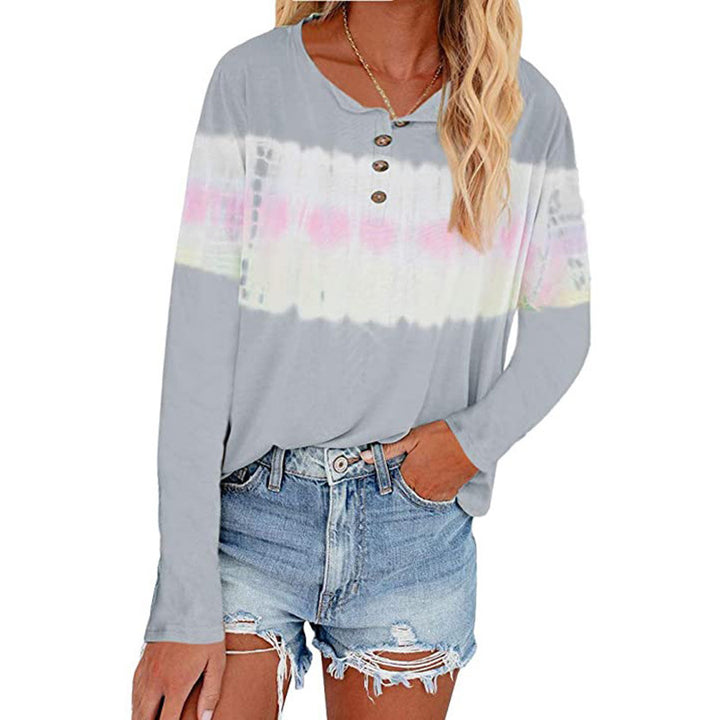 Damen Lässiges Longsleeve Henley-Shirt mit horizontalem Batikpanel Echoarchiv