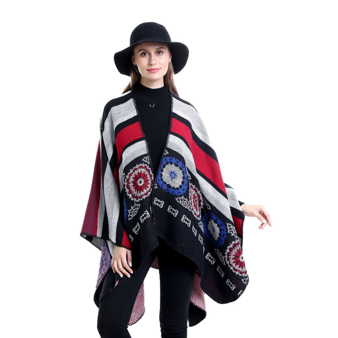 Damen Oversize-Ruana-Poncho mit V-Ausschnitt und ornamentaler Jacquard-Webung – Célinea