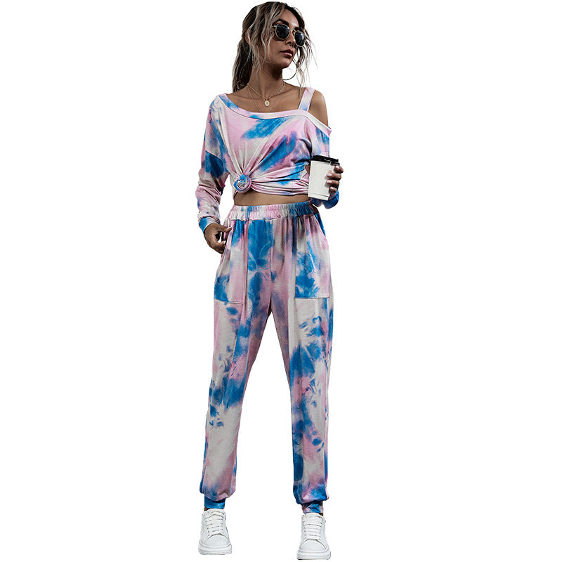 Damen Lässiges Batik-Lounge-Set mit Off-Shoulder Cropshirt & Jogginghose Echoarchiv