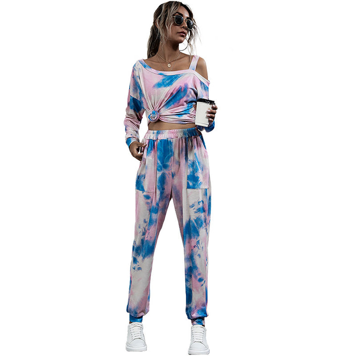 Damen Lässiges Batik-Lounge-Set mit Off-Shoulder Cropshirt & Jogginghose Echoarchiv