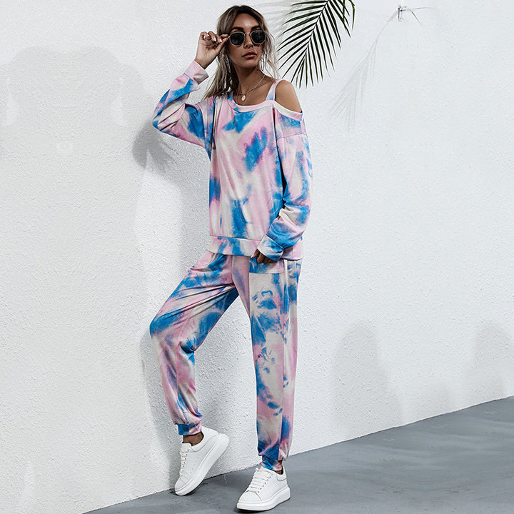 Damen Lässiges Batik-Lounge-Set mit Off-Shoulder Cropshirt & Jogginghose Echoarchiv