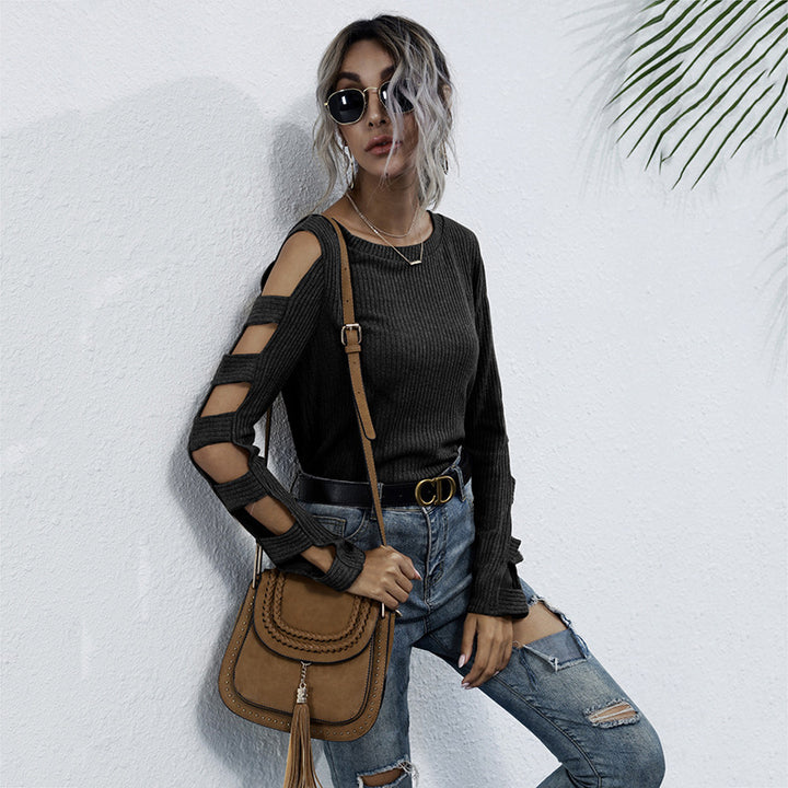 Damen Rippenstrick-Longsleeve mit Cut-Out-Ärmeln und Schulteröffnungen Echoarchiv